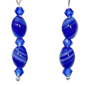 Murano Style Cobalt Blue Art Glass Bead Earrings Silver Plated Dangle Swirl